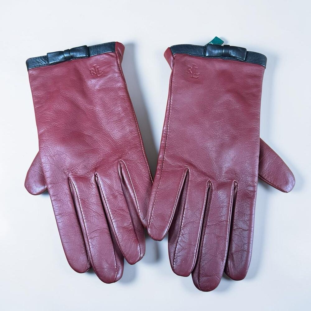 Lauren Ralph Lauren Women's Red Burgundy Leather Driving Winter Bow Gloves Sz M